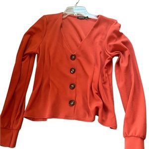 Boohoo orange puff sleeve button down blouse